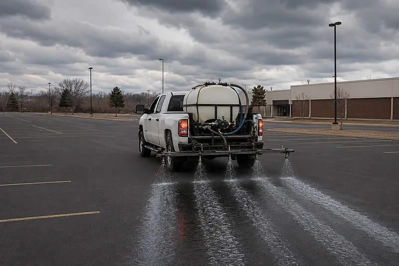 Truck with a rear boom sprayer laying parallel wet stripes of liquid brine across a dry commercial parking lot under gathering storm clouds