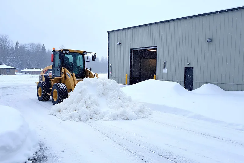 Front-end loader clearing deep snow from the drive lane outside a commercial building, snow piled along the wall