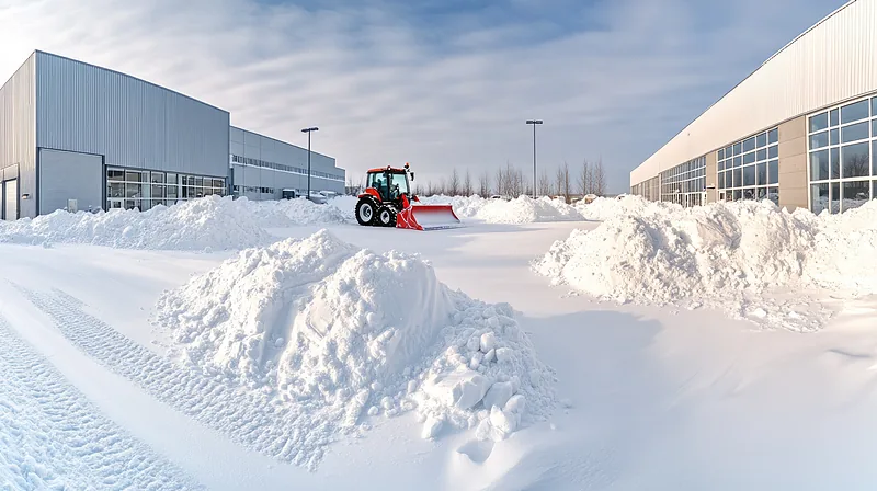 A tractor plow working an industrial lot with long windrowed snow piles between two buildings