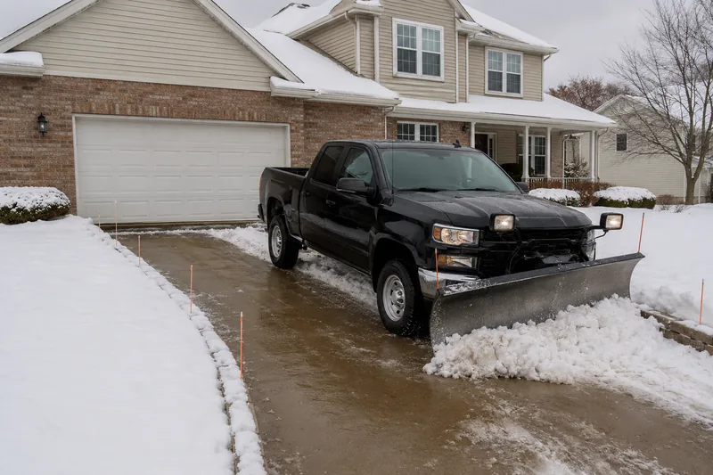 Pickup truck with a plow blade clearing a residential driveway pad up to the garage door