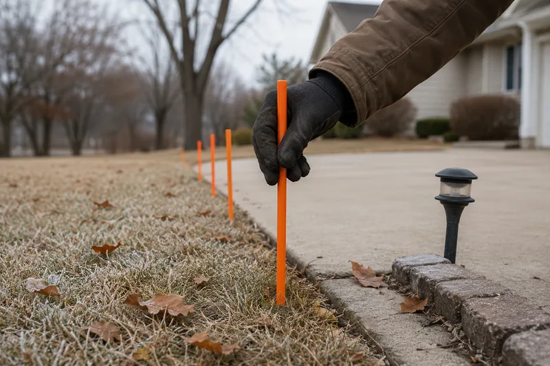 Gloved hand pushing an orange marker stake into frosted turf along the edge of a concrete walkway, more stakes set in a line beyond