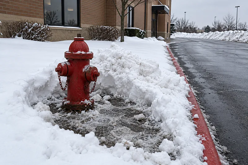 Fire hydrant shovelled clear by hand beside a plowed fire lane, with a red-painted curb line and the dug-out snow heaped to one side