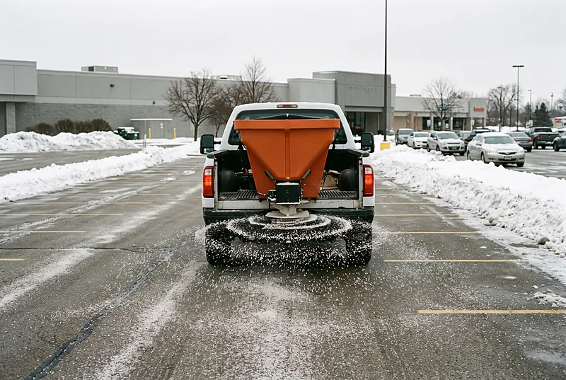 Pickup truck carrying a hopper spreader broadcasting a wide fan of salt granules across a plowed commercial parking lot