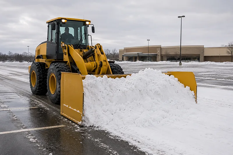 Wheel loader pushing a full load of snow across a commercial parking lot with a box pusher attachment, tall end plates holding the snow in and a clear strip of wet asphalt behind