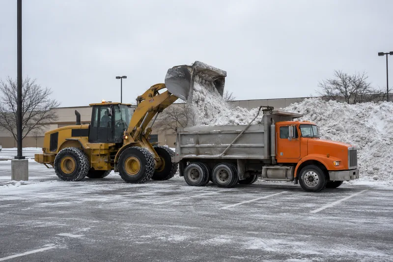 Wheel loader tipping a bucket of snow into a dump truck parked in a commercial lot