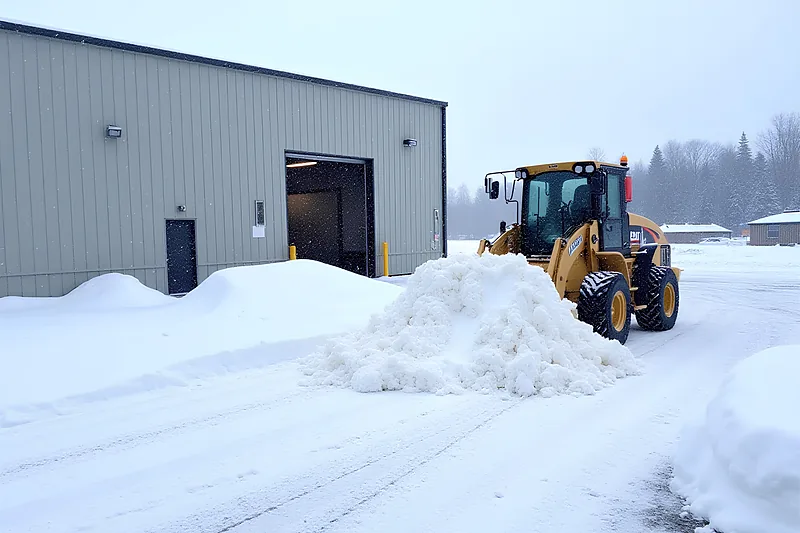 Front-end loader clearing the approach to a warehouse loading area, snow pushed into banks beside an open overhead dock door