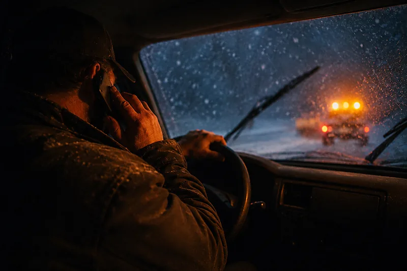Plow operator taking a phone call from the cab at night, snow falling beyond the windshield and amber warning lights ahead