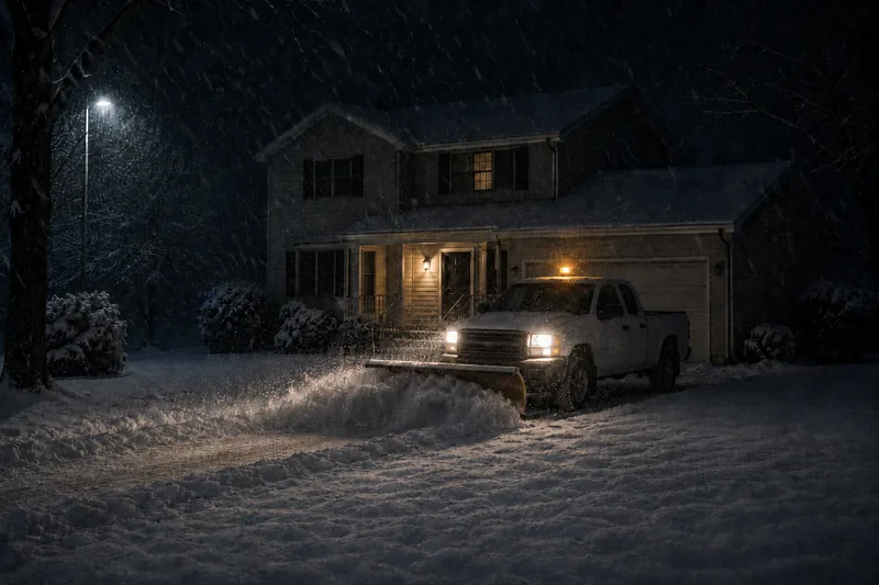Pickup truck with a plow clearing a home driveway at night during heavy snowfall