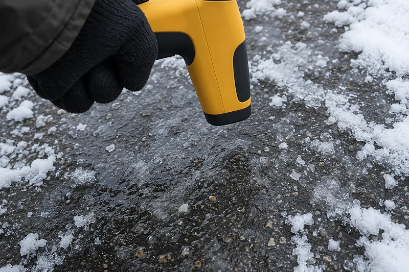 Gloved hand holding an infrared thermometer aimed straight down at wet winter pavement skimmed with clear ice