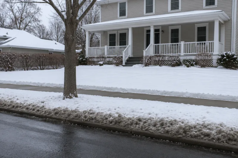 Public sidewalk in front of a two-storey house cleared full width to bare concrete, with a plowed street, concrete curb and a ridge of plow snow along the tree lawn