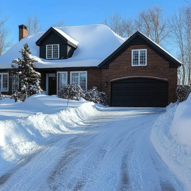 A snow-covered residential driveway with tire tracks leading to an attached garage