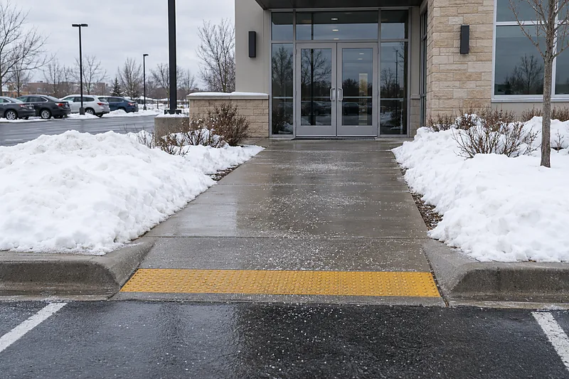 Cleared and salted concrete walkway leading from parking stalls up a curb ramp to the glass doors of a commercial building, plowed snow banked well back from the route