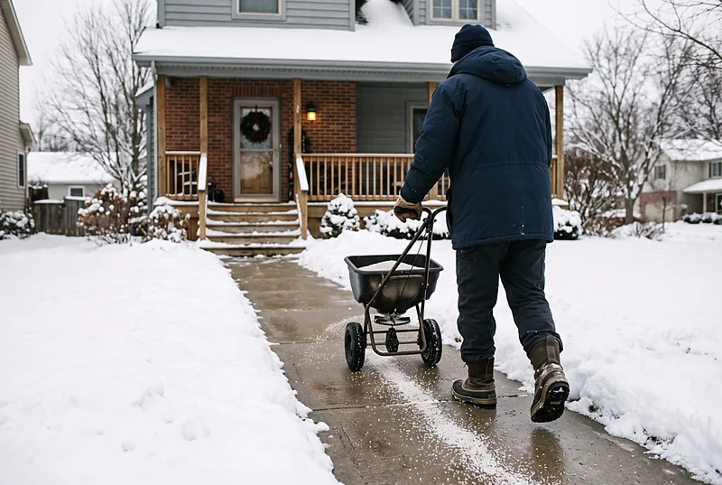 Worker pushing a walk-behind spreader along a cleared residential front walk, ice-melt granules landing in a band confined to the pavement